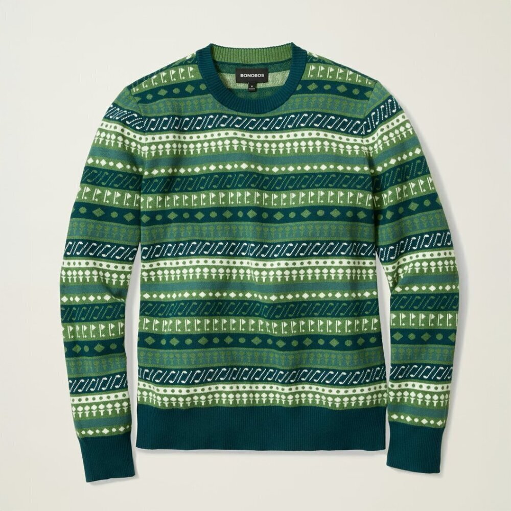 NWT $139 BONOBOS Green Golf Cotton Cashmere Crewneck Fair Isle Sweater Gift MED